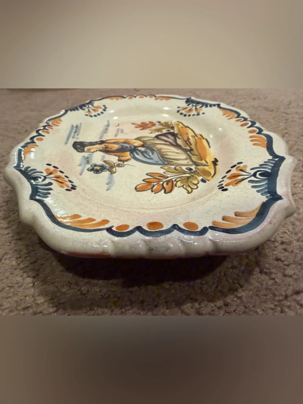 Antique Italian Majolica Faience Serving Plate Hand Painted Girl Woman w Flowers